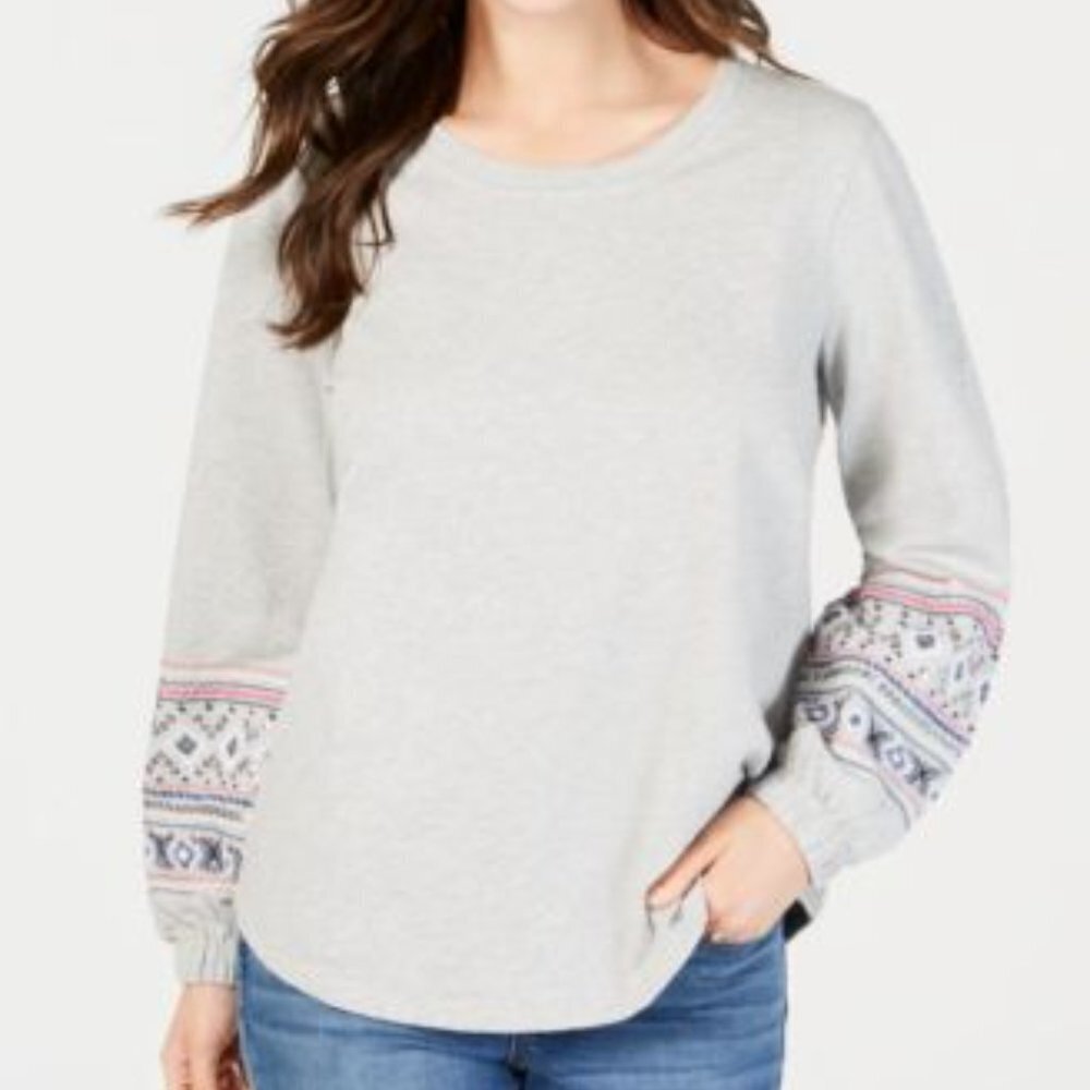 Style & Co Top M Embroidered Long Sleeve Gray 106